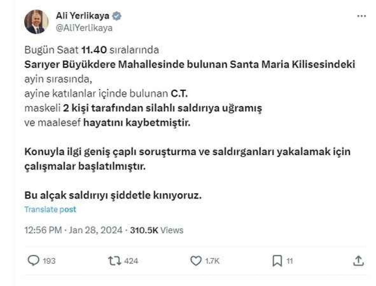 Kilise Saldırısında Yeni Ayrıntılar: Bakan Yerlikaya Açıkladı