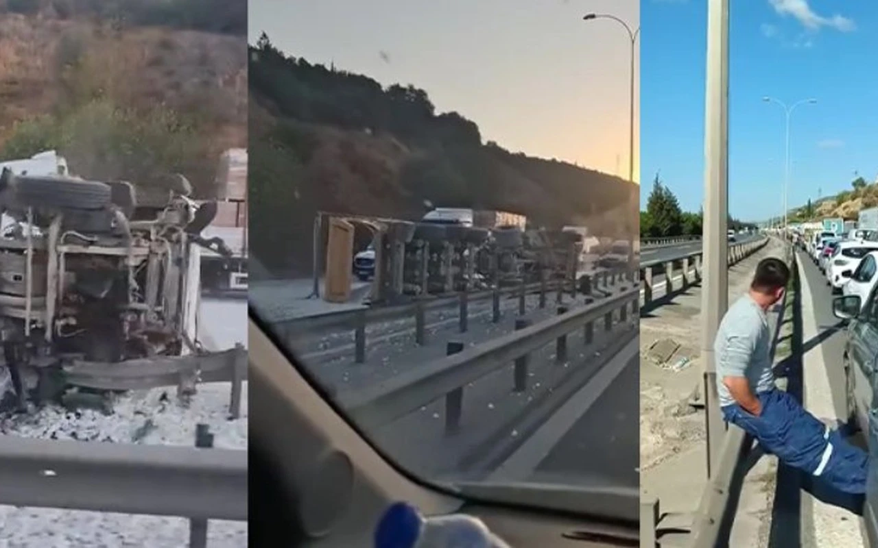 Kocaeli TEM Otoyolunda tır devrildi trafik kapandı