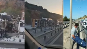 Kocaeli TEM Otoyolunda tır devrildi trafik kapandı