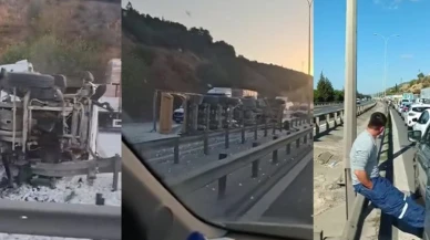 Kocaeli TEM Otoyolunda tır devrildi trafik kapandı