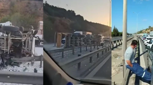 Kocaeli TEM Otoyolunda tır devrildi trafik kapandı
